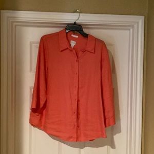 Button-up blouse with 3/4 length sleeves.